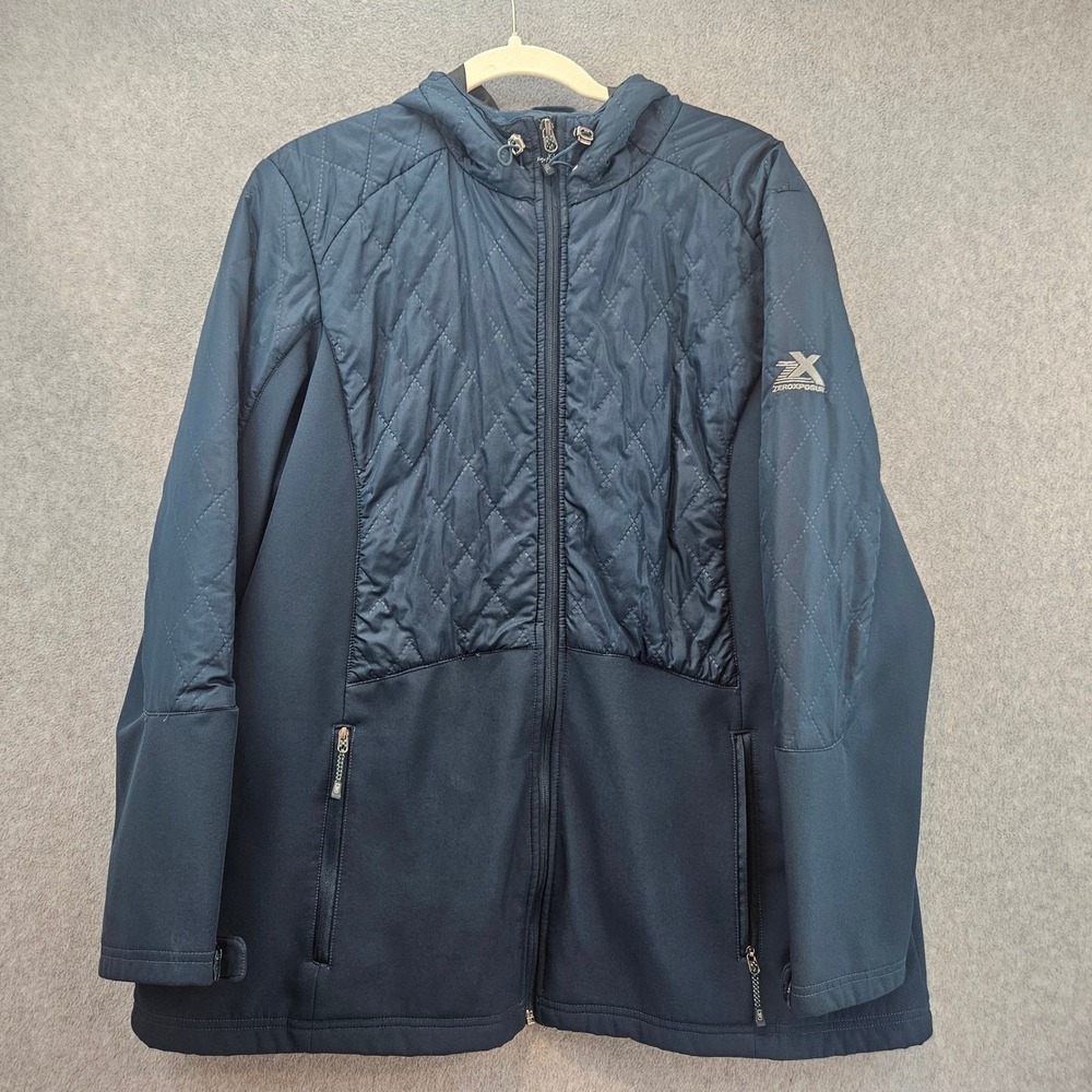 ZEROXPOSUR Hooded Jacket Women 1X Navy Blue Quilted Softshell Fleece Activewear